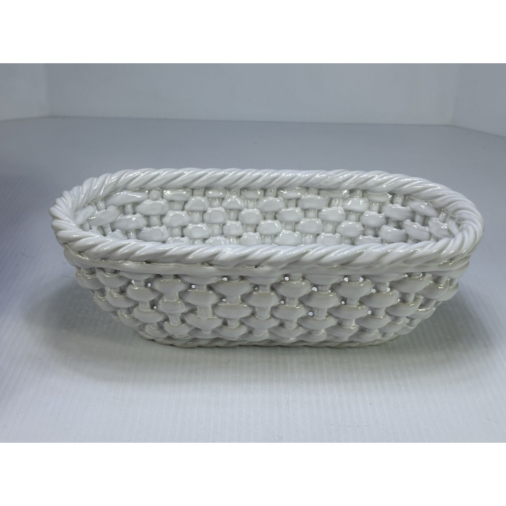 Vintage Portugal Glazed White Ceramic Centerpiece Fruit Basket Woven Bowl 13"